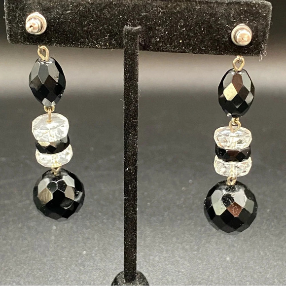 Jet Black Faceted Glass Beaded Dangly Earrings - Picture 9 of 9